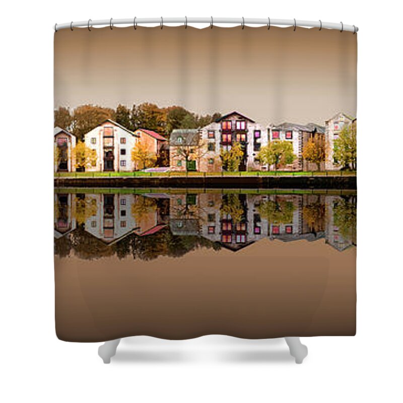 Lancaster Shower Curtain featuring the digital art Lancaster Quayside Reflection 1 - Sepia by Joe Tamassy