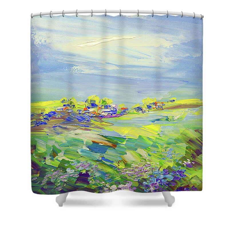 Abstract Shower Curtain featuring the painting Land of Milk and Honey by Tatiana Iliina