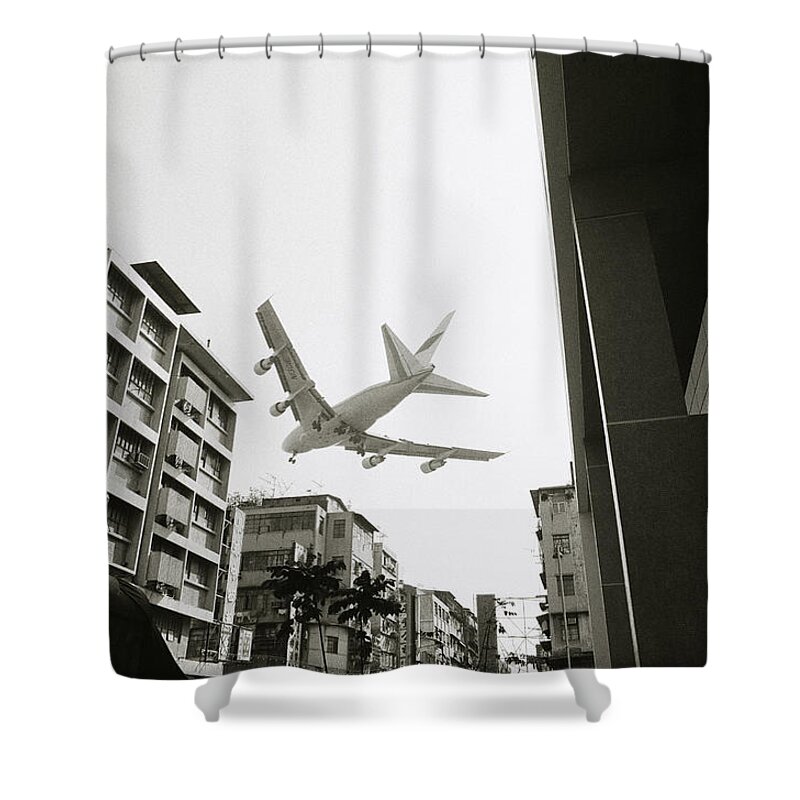 Flying Shower Curtain featuring the photograph Landing in Hong Kong by Shaun Higson