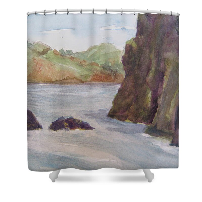 Golden Gate Shower Curtain featuring the painting Lands End Rocks by Karen Coggeshall