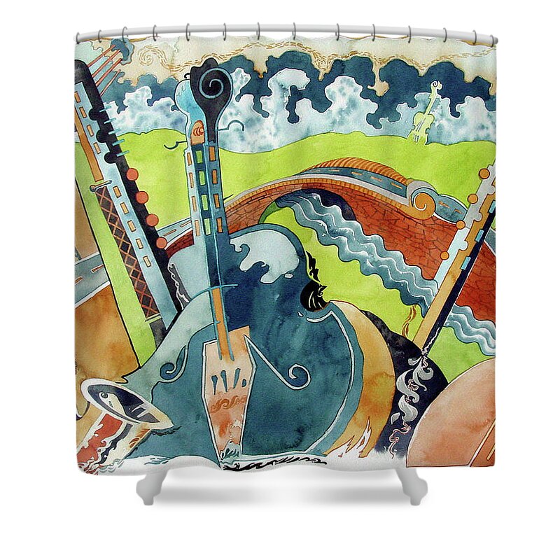 #landscape #watercolor #painting #modernart #abstract #art #artist #music Shower Curtain featuring the painting Landscape in B-flat by Mick Williams