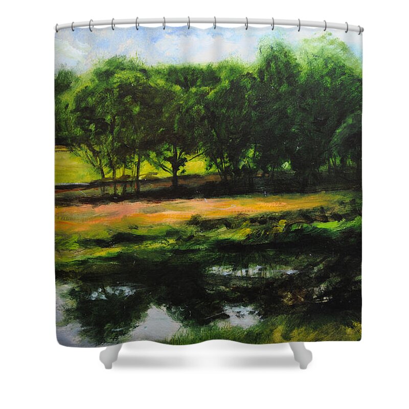 Wales Shower Curtain featuring the painting Landscape in North Wales by Harry Robertson