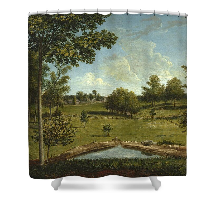Charles Willson Peale Shower Curtain featuring the painting Landscape Looking Toward Sellers Hall from Mill Bank by Charles Willson Peale