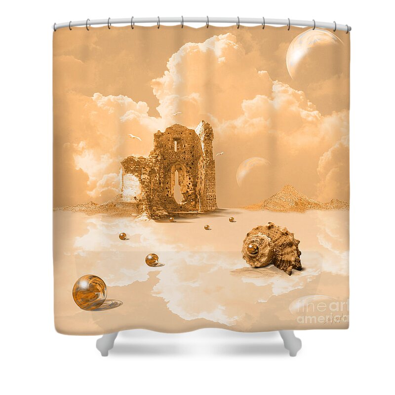 Surrealism Shower Curtain featuring the digital art Landscape with shell by Alexa Szlavics