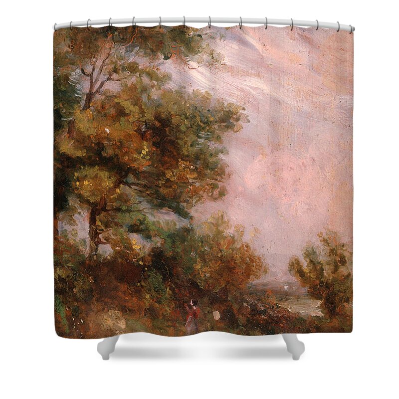 Thomas Churchyard Shower Curtain featuring the painting Landscape with Trees and a Figure by Thomas Churchyard
