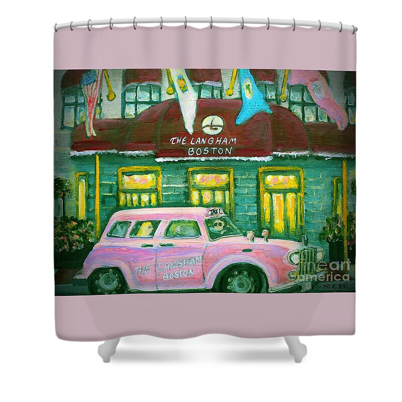Langham Hotel Shower Curtain featuring the painting Langham Hotel Pink Taxi by Rita Brown