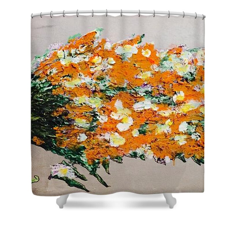 Relief Shower Curtain featuring the painting Large Orangy Floral by Kenlynn Schroeder