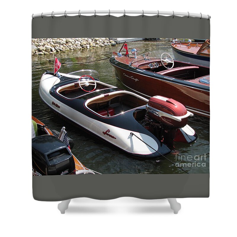 Boat Shower Curtain featuring the photograph Larson Falls Flyer/30hp Johnson Javelin by Neil Zimmerman