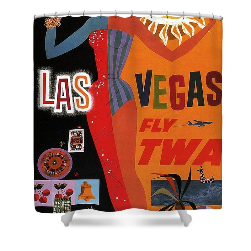Travel Poster Shower Curtain featuring the mixed media Las Vegas, Fly Twa - Retro travel Poster - Vintage Poster by Studio Grafiikka