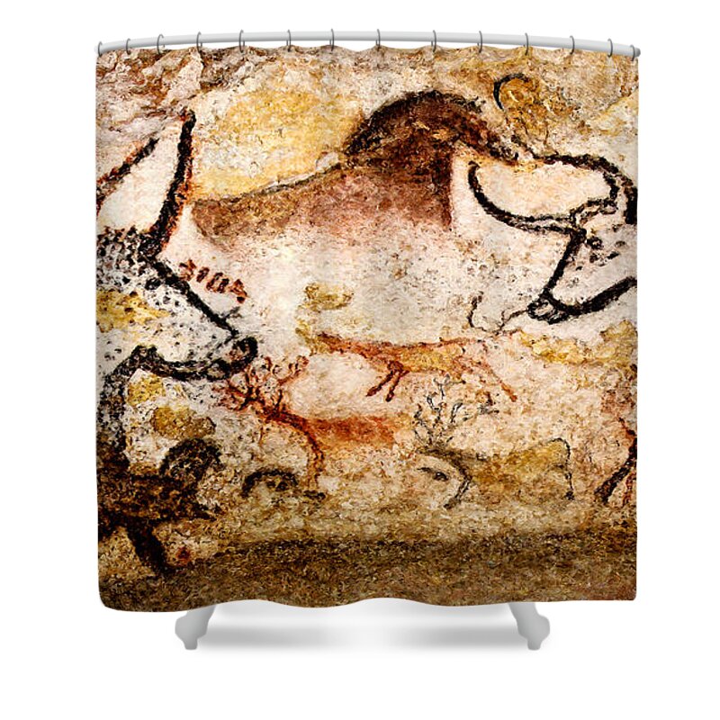 Lascaux Shower Curtain featuring the digital art Lascaux Hall of the Bulls - Deer and Aurochs by Weston Westmoreland