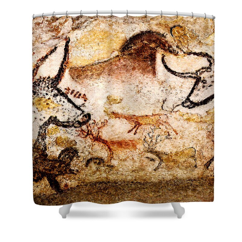 Lascaux Shower Curtain featuring the digital art Lascaux Hall of the Bulls - Deer between Aurochs by Weston Westmoreland