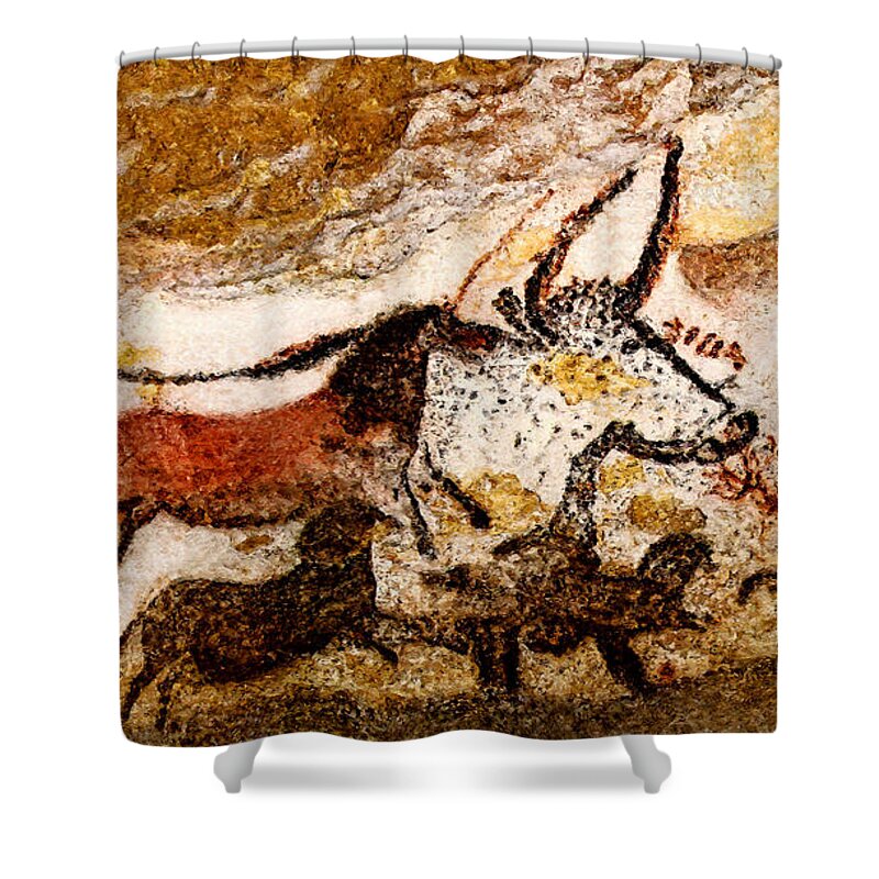 Lascaux Shower Curtain featuring the digital art Lascaux Hall of the Bulls - Horses and Aurochs by Weston Westmoreland