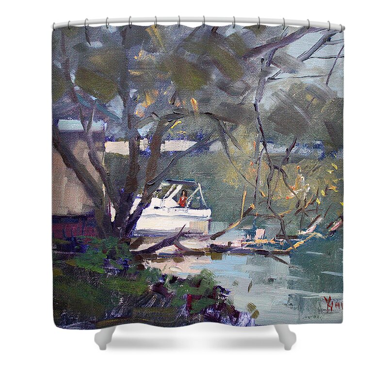 Sun Touches Shower Curtain featuring the painting Last Sun Touches by Tonawanda Canal by Ylli Haruni