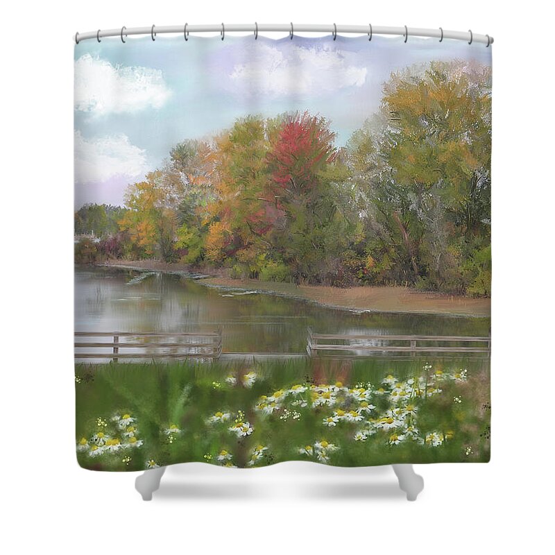 Reservoir At Norwalk Shower Curtain featuring the photograph Lasting Autumn Flowers by Mary Timman