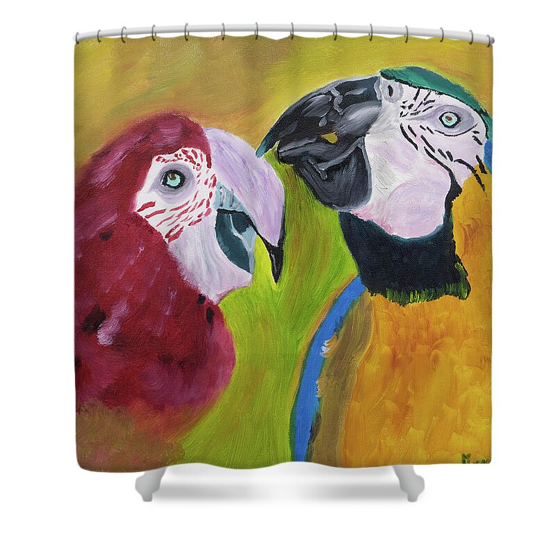 Macaw Parrots Shower Curtain featuring the painting Language of Love by Meryl Goudey
