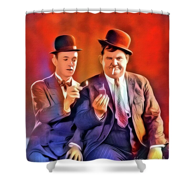 Hollywood Shower Curtain featuring the digital art Laurel and Hardy, Vintage Comedians. Digital Art by MB by Esoterica Art Agency