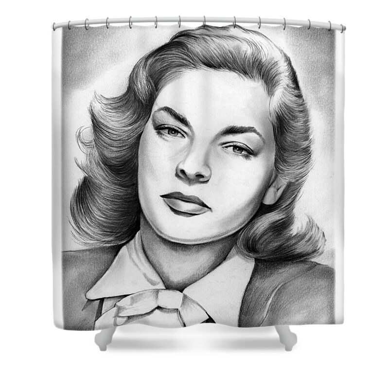 Lauren Bacall Shower Curtain featuring the drawing Lauren Bacall by Greg Joens