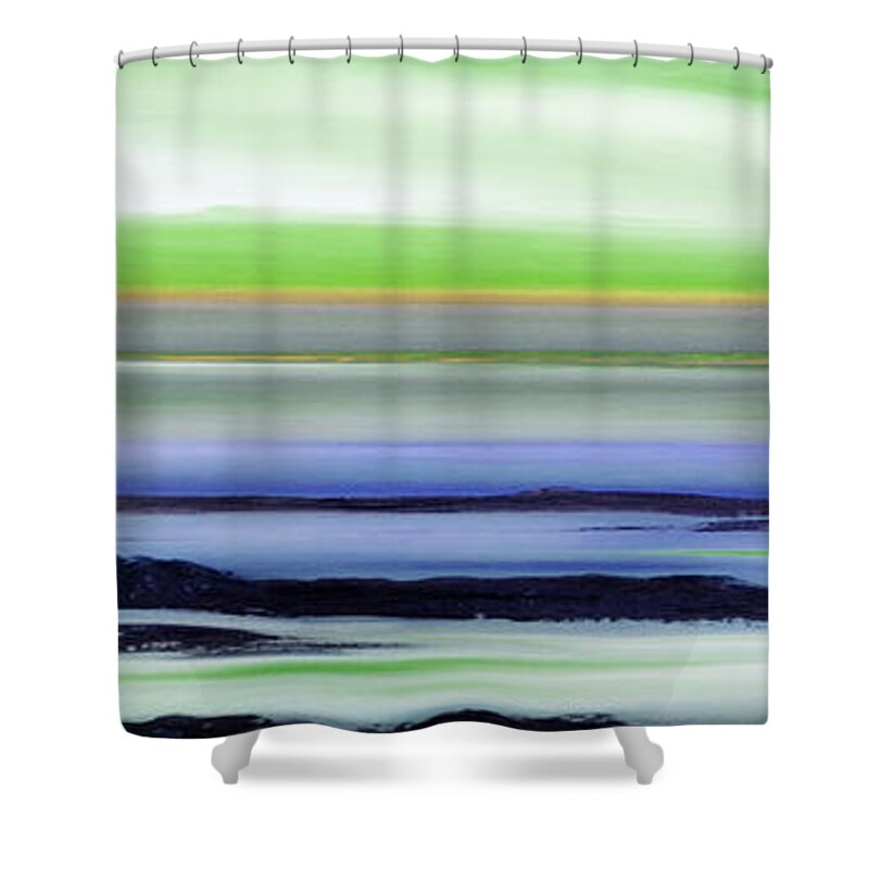 Sunset Shower Curtain featuring the painting Lava Rock Panoramic Sunset in Green and Blue by Gina De Gorna
