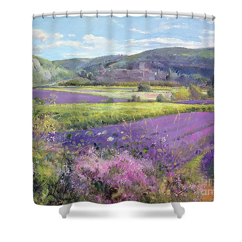 Field; South Of France; French Landscape; Hills; Hill; Landscape; Flower; Flowers Shower Curtain featuring the painting Lavender Fields in Old Provence by Timothy Easton