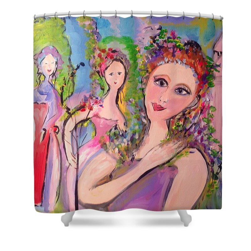 Fragrance Shower Curtain featuring the painting Lavender ladies fragrantly smile by Judith Desrosiers