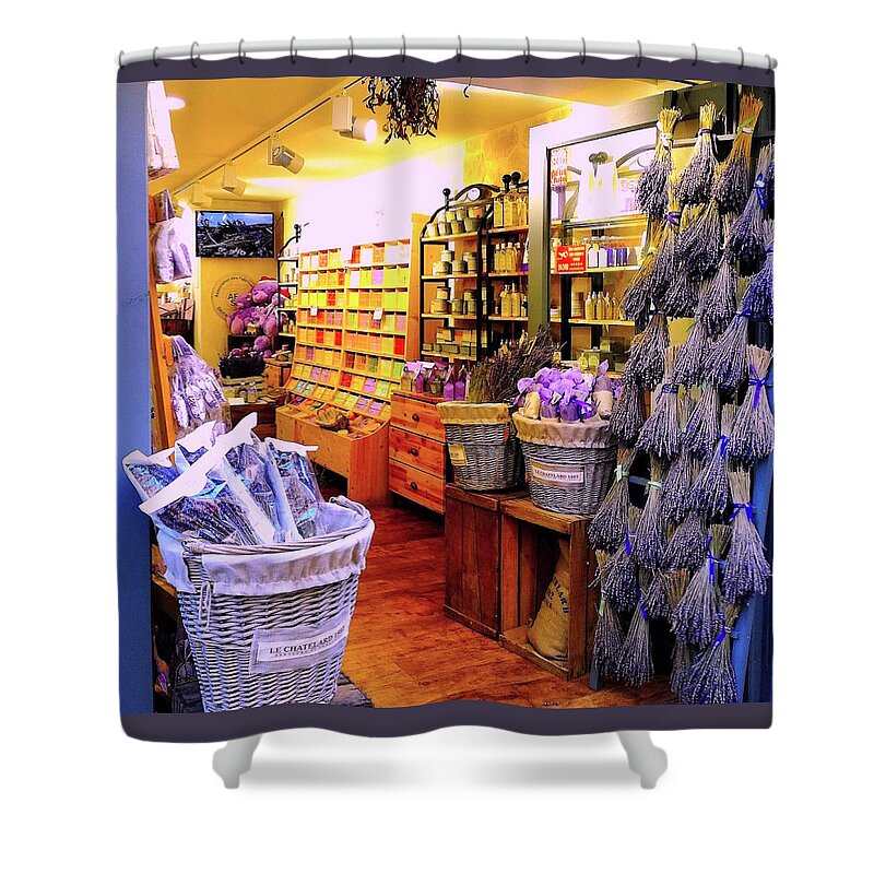 Lavenderprint Shower Curtain featuring the photograph Lavender Shop in Southern France by Monique Wegmueller