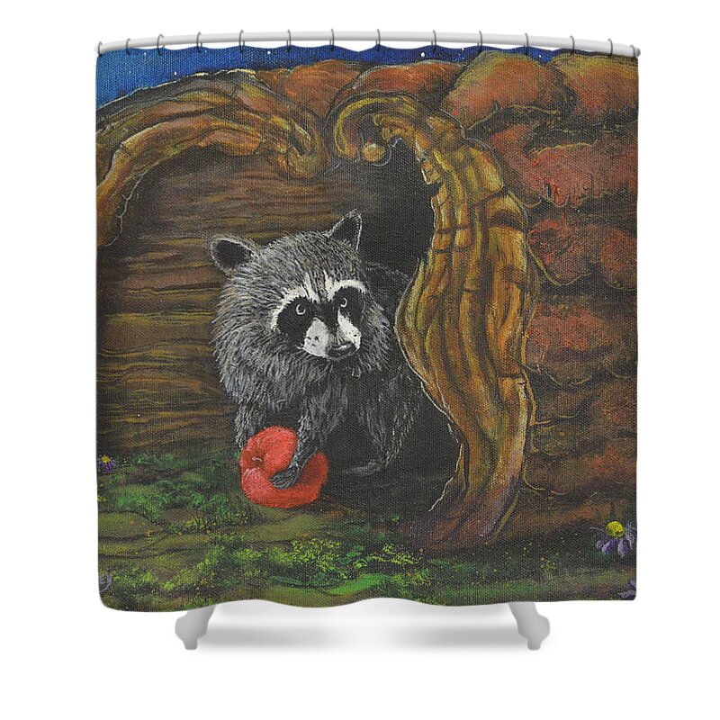 Raccoon Shower Curtain featuring the painting Laying Low by Rod B Rainey