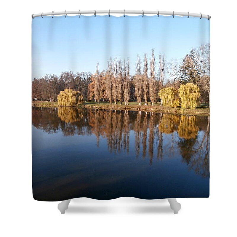 Lazy Shower Curtain featuring the photograph Lazy river reflecting autumn trees by Miroslav Nemecek