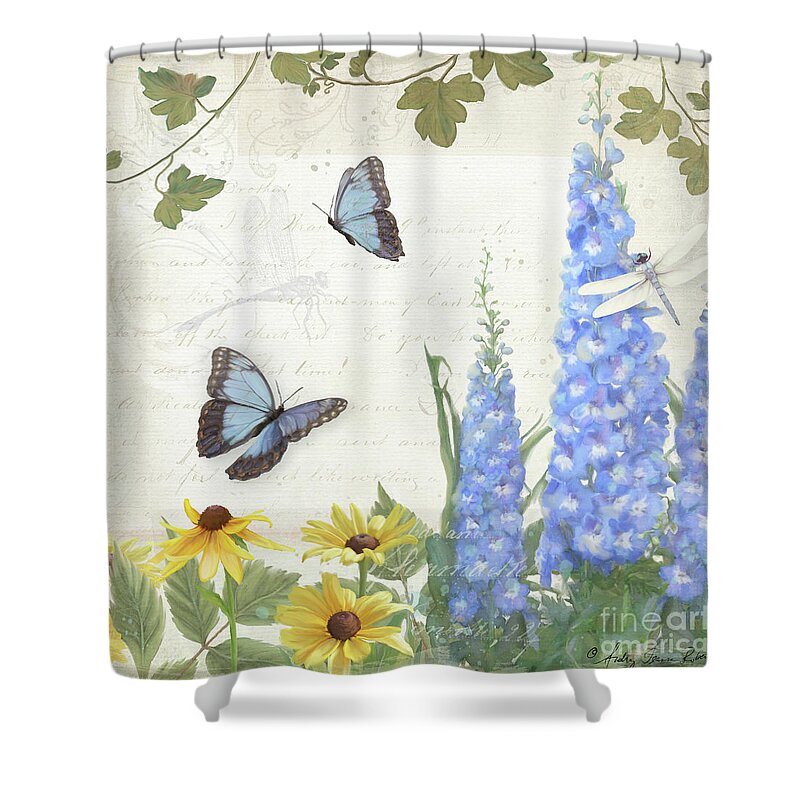 Le Petit Jardin Shower Curtain featuring the painting Le Petit Jardin 1 - Garden Floral w Butterflies, Dragonflies, Daisies and Delphinium by Audrey Jeanne Roberts