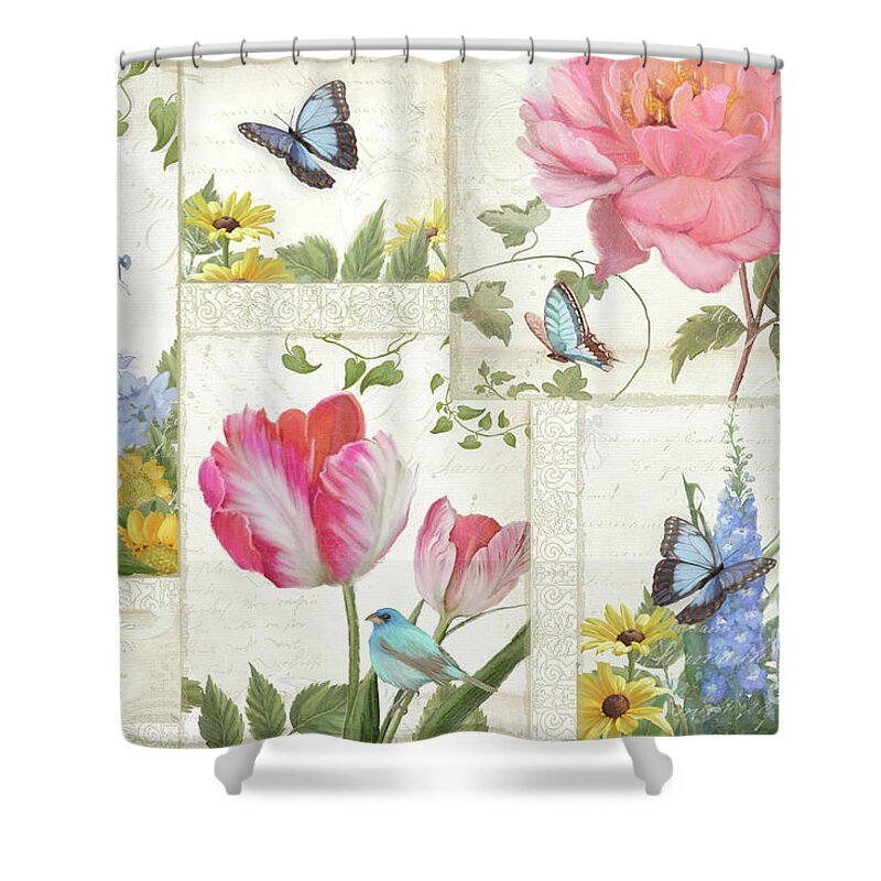 Collage Shower Curtain featuring the painting Le Petit Jardin - Collage Garden Floral w Butterflies, Dragonflies and Birds by Audrey Jeanne Roberts