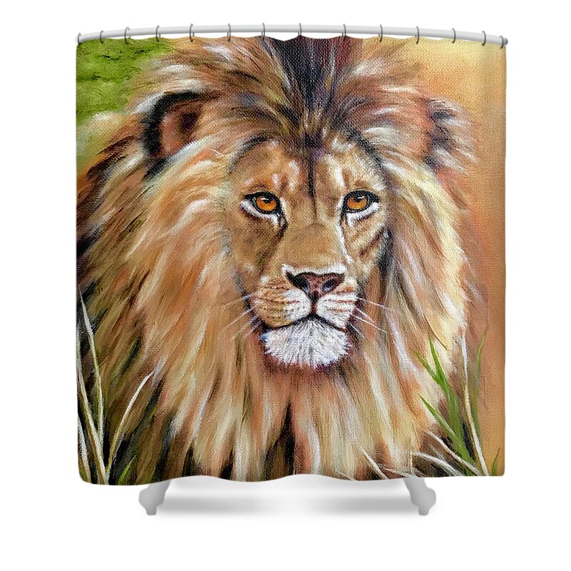 Lion Shower Curtain featuring the painting Le Roi-The King, Tribute to Cecil the lion  by Dr Pat Gehr