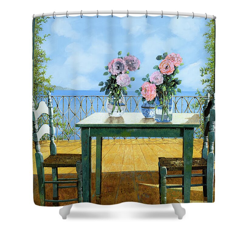 Terrace Shower Curtain featuring the painting Le Rose Sul Tavolo Al Balcone by Guido Borelli