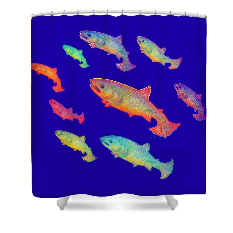 Leaping Salmon Design Shower Curtain featuring the painting Leaping Salmon design by Teresa Ascone