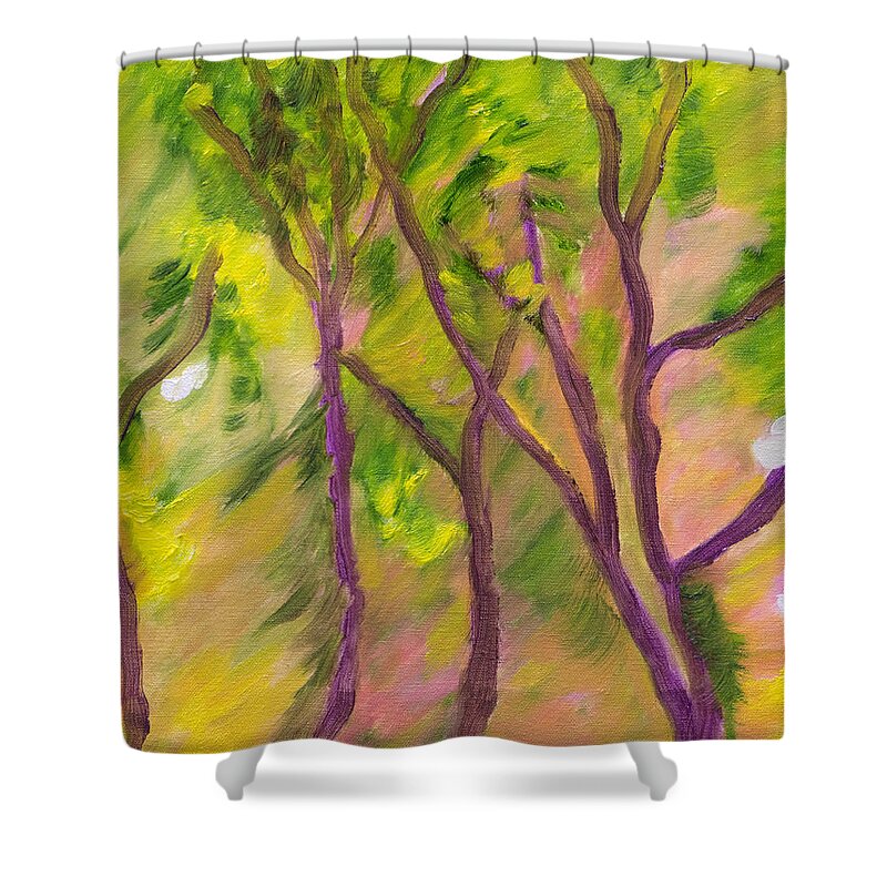 Trees Shower Curtain featuring the painting Leaves Blowing in the Wind by Meryl Goudey