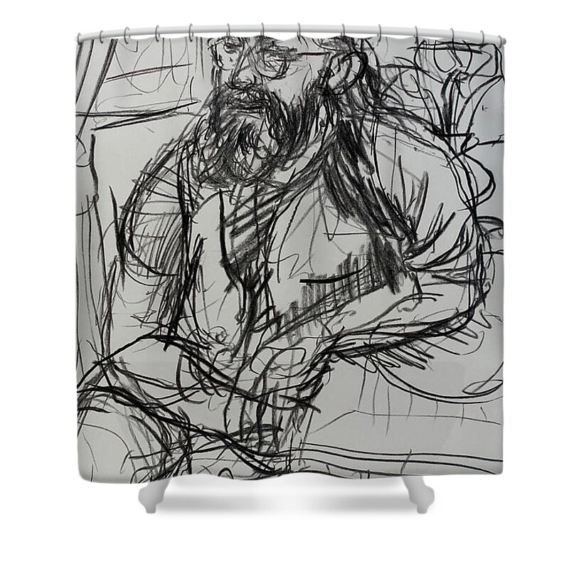 Seated Shower Curtain featuring the drawing Lee seated at table by Peregrine Roskilly