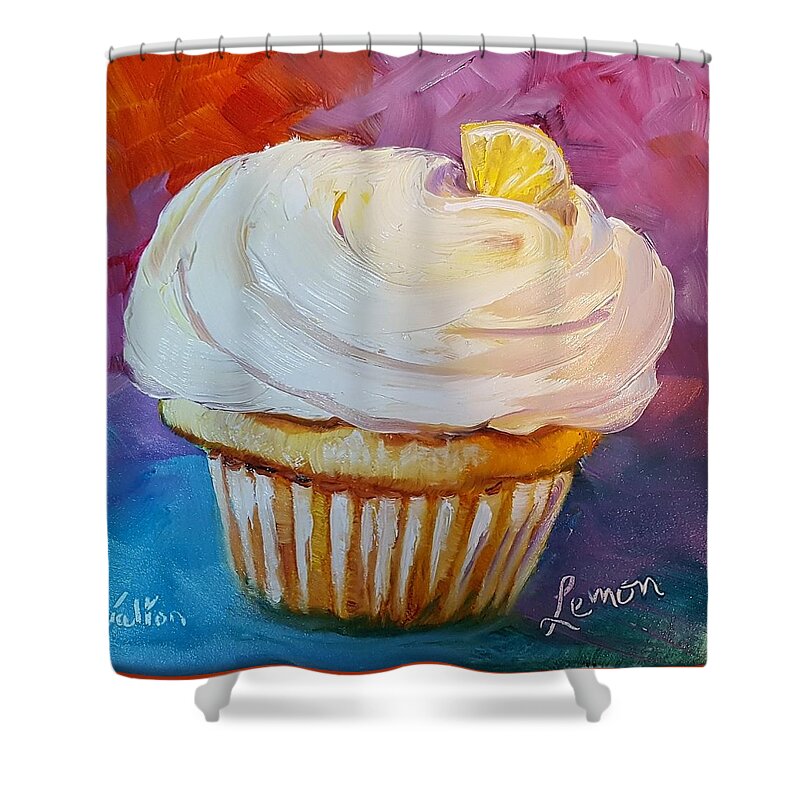 Lemon Cupcake Shower Curtain featuring the painting Lemon cupcake by Judy Fischer Walton