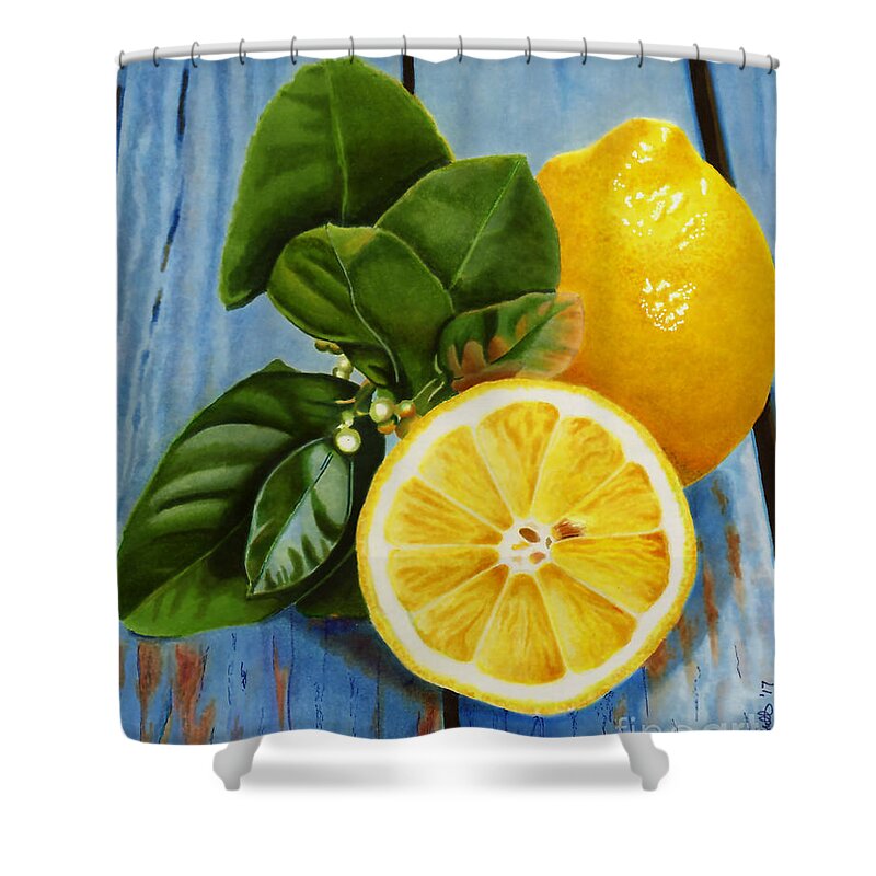 Lemon Shower Curtain featuring the drawing Lemon Fresh by Cory Still