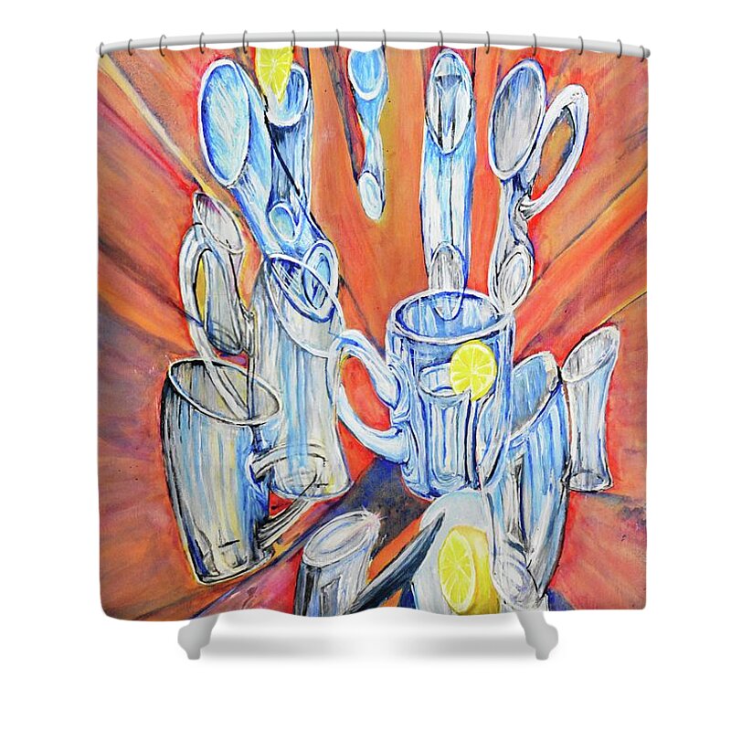 Lemons Shower Curtain featuring the painting Lemon with Glasses by Medea Ioseliani
