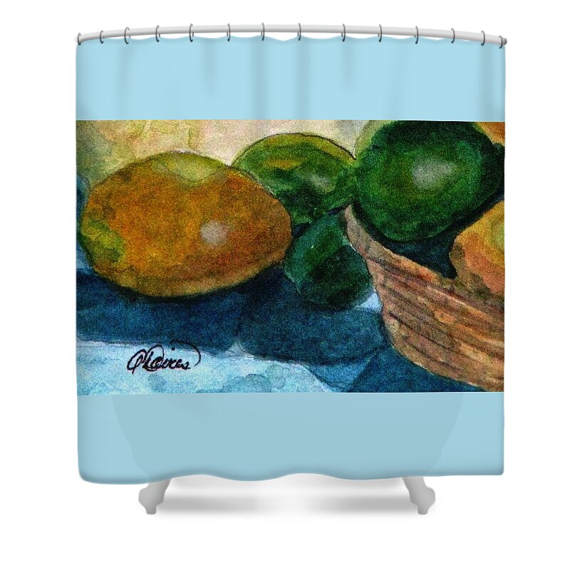 Lemons Shower Curtain featuring the painting Lemons And Limes by Angela Davies