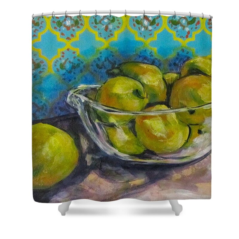 Yellow Shower Curtain featuring the painting Lemons by Barbara O'Toole