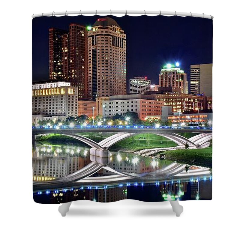 Columbus Shower Curtain featuring the photograph Lengthy Columbus Nightscape by Frozen in Time Fine Art Photography