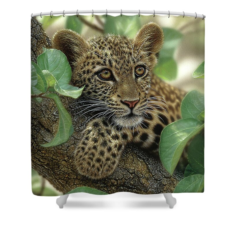 Leopard Art Shower Curtain featuring the painting Leopard Cub - Tree Hugger by Collin Bogle