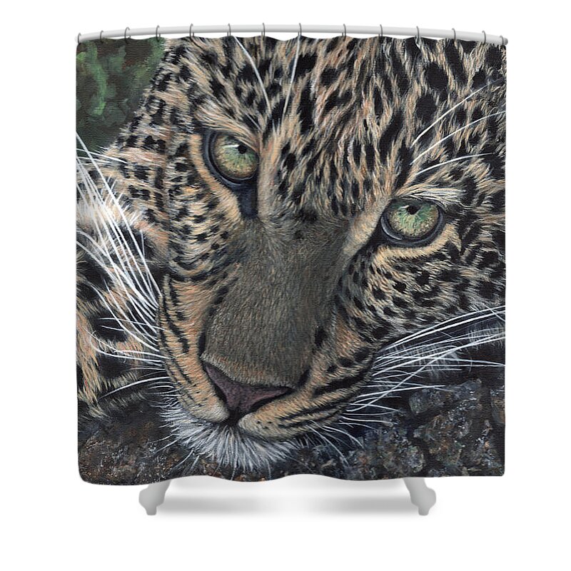 Leopard Shower Curtain featuring the painting Leopard Portrait by John Neeve