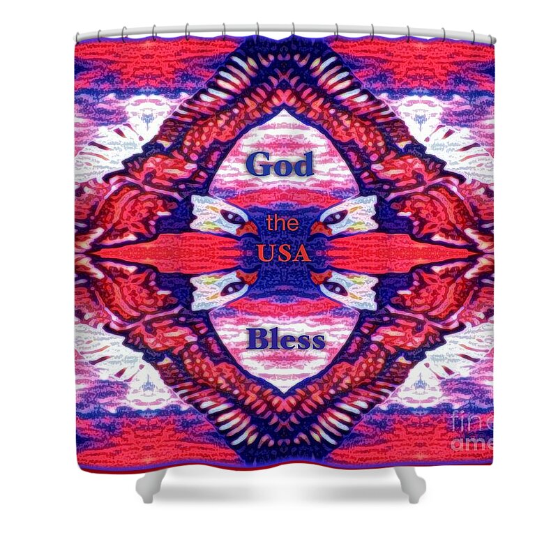 National Symbol Bald Eagle Double Mirror Image Encircling A Blessing For The Usa Says god Bless The Usa Red White And Blue Patriotic Work Freedom Work Sunrise Background With Native American Southwest Motif In Patriotic Colors Shower Curtain featuring the mixed media Let Freedom Ring for All Americans by Kimberlee Baxter