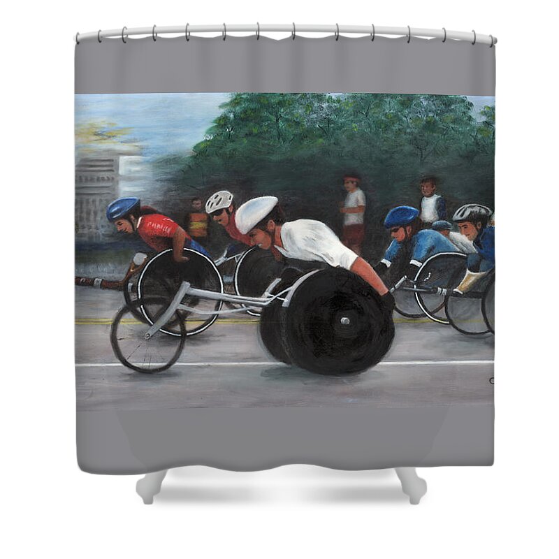 Racers Shower Curtain featuring the painting Let's Roll by Carol Neal-Chicago