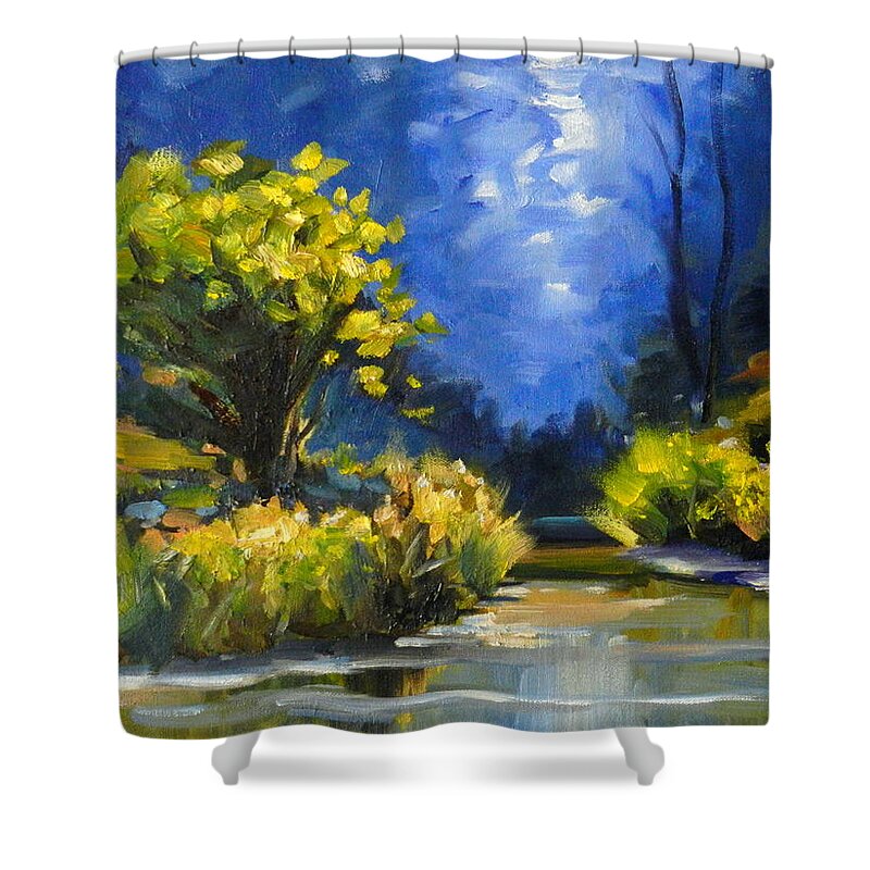 Landscape Shower Curtain featuring the painting Let's there be light by Ningning Li