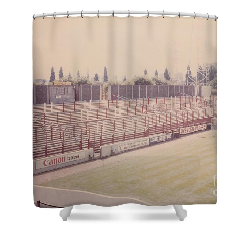  Shower Curtain featuring the photograph Leyton Orient - Brisbane Road - Buckingham Road Terrace South Goal 1 - August 1986 by Legendary Football Grounds