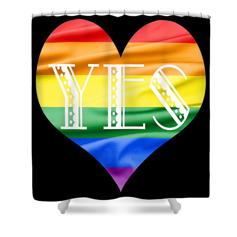 Silk; Background; Cloth; Creases; Design; Drape; Fabric; Fibre; Flowing; Glossy; Material; Overlay; Ripple; Satin; Sheet; Silky; Smooth; Soft; Style; Textile; Texture; Velvet; Waves; Love; Fancy; Blue; Flag; Green; Lgbt; Orange; Red; Bisexual; Colors; Colours; Freedom; Gay; Gay Pride; Lesbian; Movement; Passion; Pride; Rainbow; Rainbow Flag; Sexuality; Stripes; Transgender; Violet; Yellow; Heart; Yes; Shower Curtain featuring the photograph LGBT Heart with a Big Fat Yes by Semmick Photo