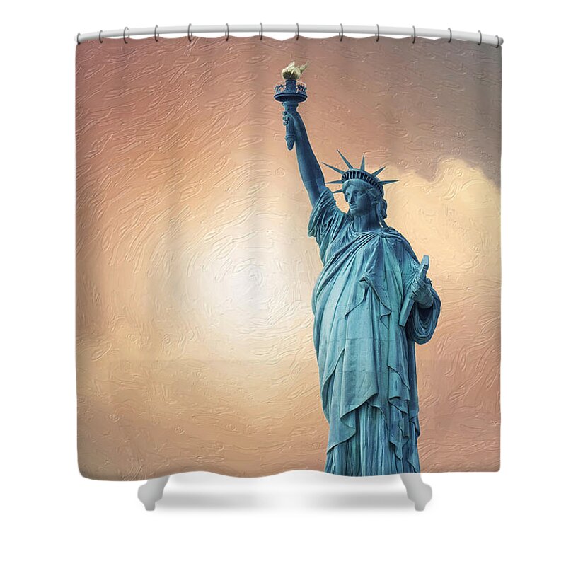 'cityscapes And Skylines' Collection By Serge Averbukh Shower Curtain featuring the digital art Liberty Enlightening the World by Serge Averbukh