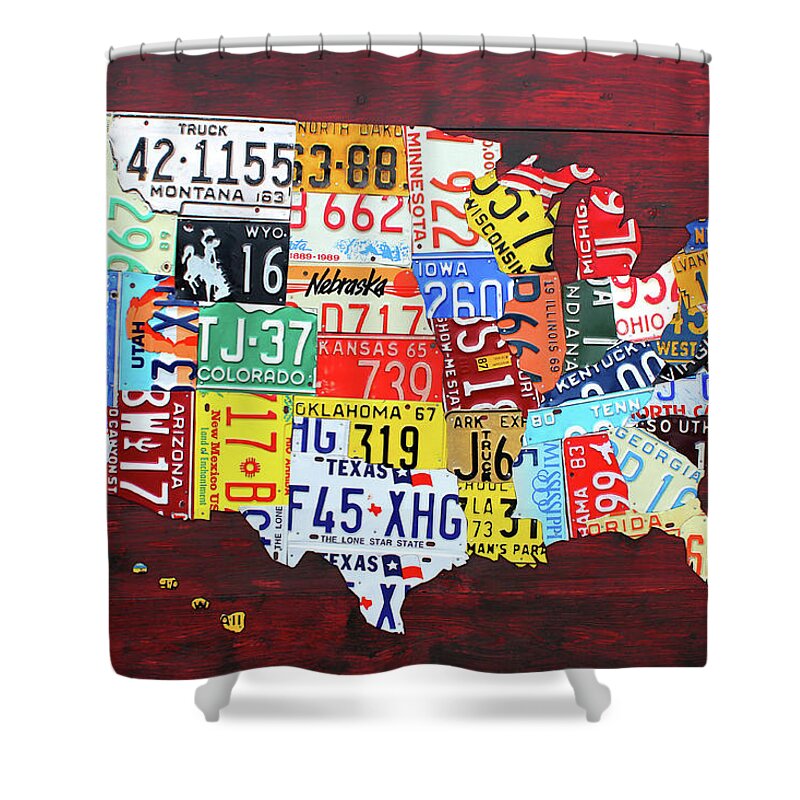 License Plate Map Shower Curtain featuring the mixed media License Plate Map of the United States Custom Edition 2017 by Design Turnpike