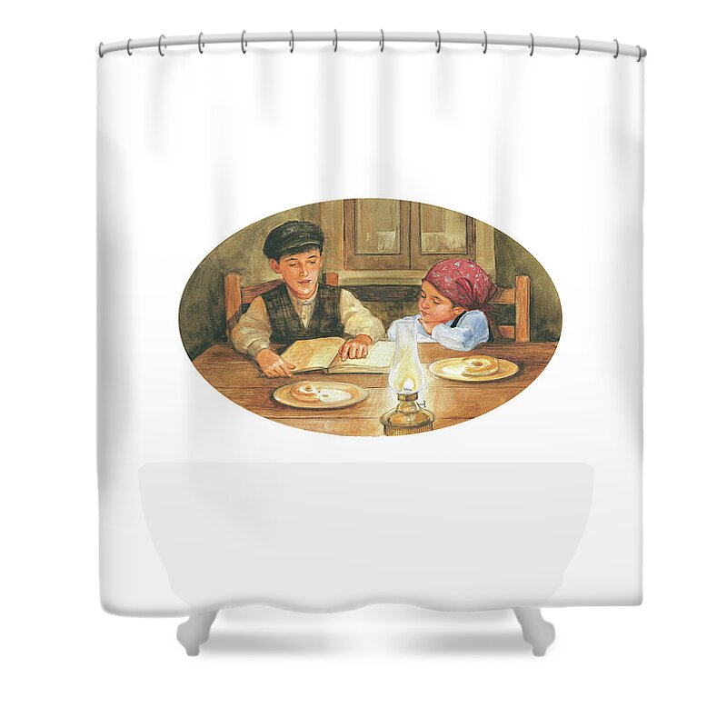 Shtetl Shower Curtain featuring the painting Learning by Candlelight by Laurie McGaw